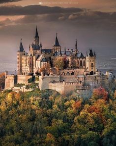 an old castle on top of a hill surrounded by trees