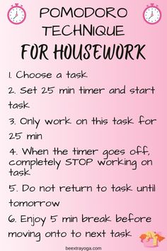 a pink poster with the words pomodoro technique for housework on it