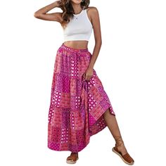 Purple Bohemia Print Tie Waist Maxi Skirt Pink Tiered Maxi Skirt For Summer, Pink Maxi Skirt With Elastic Waistband For Summer, Summer Pink Flowy Maxi Skirt, Long Summer Skirt In Pink, Bohemian Pink Wrap Skirt For Summer, Pink Flowy Maxi Skirt For Summer, Summer Pink Relaxed Maxi Skirt, Pink Wide-leg Beach Skirt, Bohemian Pink Maxi Skirt With Elastic Waistband