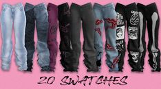 several different colored jeans with the words 20 swatches written on them in black and white