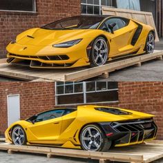 the yellow sports car is parked on pallets in front of a red brick building