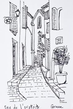 a black and white drawing of a narrow street with potted plants on either side