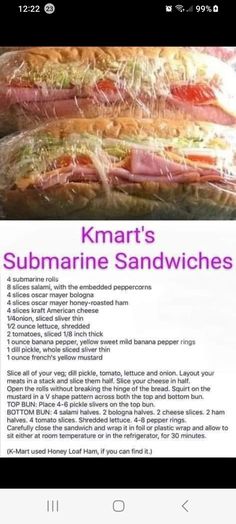 an image of a sandwich on a cell phone with the caption kimart's submarine sandwiches