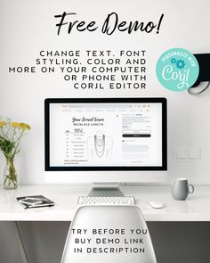 a desktop computer sitting on top of a white desk next to a vase with flowers