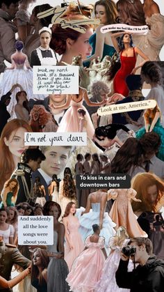 a collage of women in dresses and hats with words written on the side of them