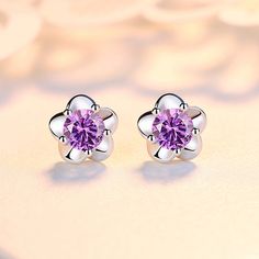 Fashion Element: Flowers Style: Fresh Elegant Purple Sterling Silver Flower Earrings, Purple Flower-shaped Sterling Silver Earrings, Purple Flower Sterling Silver Earrings, Pink Sterling Silver Flower Earrings, Purple Diamond, Earplugs, Watch Necklace, Ring Bracelet, Earring Necklace