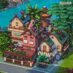 an animated image of a house with lots of trees and flowers on the roof, next to a body of water