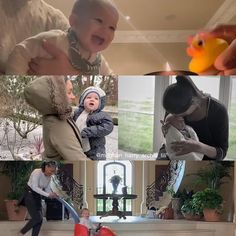 a collage of photos with people and baby in the middle one holding a toy