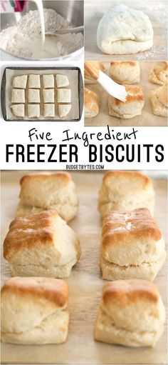 the process to make biscuits is shown with text overlays that reads five ingredient freezer biscuits