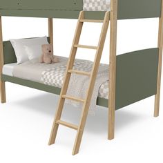 there is a bunk bed with a ladder on the bottom and a teddy bear on top