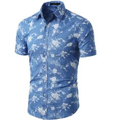 This classic fit woven shirt features a fish bone print with a buttoned front, point Collar, short sleeves, and a rounded hem. Lightweight fabric with smart causal all over print fish bone pattern is essential for your all season smart causal outlook. Dress it up with a casual pants for a fashion look. This casual summer shirts suitable for beach parties, holiday, business casual wear. Floral Print Shirt, Mens Short Sleeve Shirt, Denim Button Down, Casual Summer Shirts, Fish Bone, Tall Guys, Cut Shirts, Slim Fit Men, Denim Blue