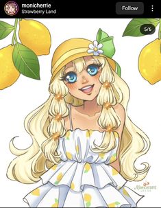 a girl with blonde hair and blue eyes wearing a white dress, lemons on the tree behind her