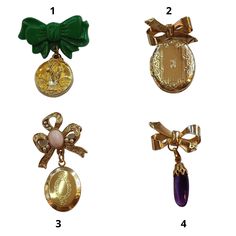 Cutest little bow brooches.  All are gold tone metal. All pin backs in working order. #1 ~ Early plastic bow with Saint Patrick medallion #2 ~ Goldtone bow brooch w/working Locket #3 ~ Goldtone bow brooch with pink cabochon and faux pearls w/working Locket #4 ~ Bow brooch with genuine amethyst nugget drop DiBA Jewelry ~ Whimsical Jewelry To Add To Your Collection Enter My Shop Here  *  *  . . . . . dibajewelry.etsy.com . . . . .  *  *  Please read the policies section for complete information ab Pearl Locket, Whimsical Jewelry, Bow Brooch, Bow Jewelry, Saint Patrick, Pin Backs, Gold Tone Metal, Wood Beads, Amazing Jewelry