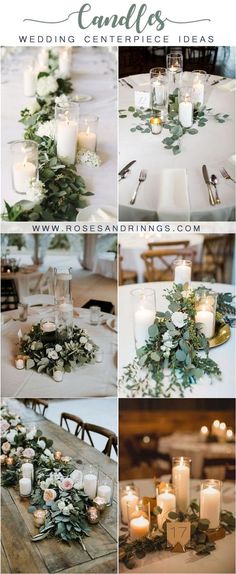 wedding centerpieces with candles and greenery