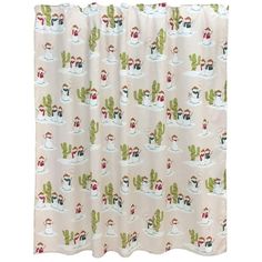 a shower curtain with cactus and snowman on the outside, in front of a white background