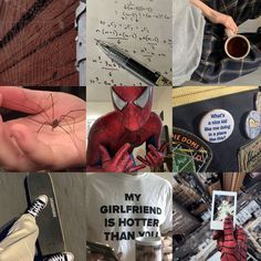 a collage of photos with spider - man and other things in the middle one is holding a pen