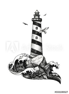 a black and white drawing of a lighthouse with waves in the foreground on a white background