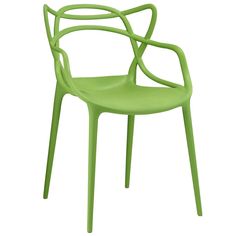 a green plastic chair with an open back and arm rests on a white background,