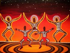 three people dancing on an orange and black background