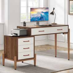 Modern Computer Desk, Home Office Desk with 5 Drawers File Cabinet Tribesigns Desk Clutter, Desk With File Drawer, Printer Cabinet, Multipurpose Desk, Small Printer, Modern Home Office Desk, Makeup Vanity Desk, Writing Desk With Drawers, Modern Computer Desk