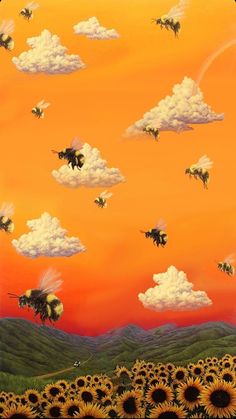 a painting of sunflowers and bees flying in the sky with clouds above them