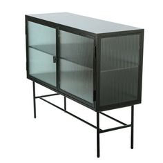 a black metal cabinet with glass doors on the top and bottom shelf is shown against a white background