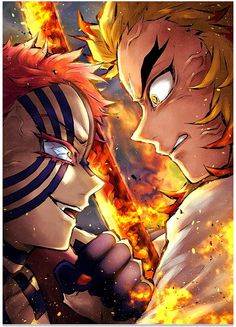 two anime characters are facing each other with fire in the air behind them and one has his head on another character's shoulder