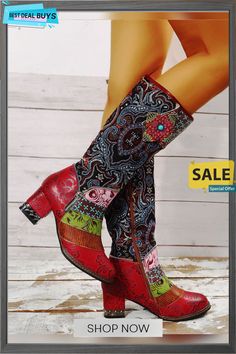 Vintage Ethnic Patchwork Floral Chunky Heel Boots Bohemian Style Boots For Spring, Vintage Multicolor Boots For Fall, Red Bohemian Boots For Fall, Bohemian Red Leather Boots, Fitted Bohemian Winter Boots, Traditional Spring Boots, Bohemian Fitted Boots For Fall, Retro Multicolor Boots For Winter, Traditional Fitted Boots For Spring