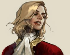 a digital painting of a woman wearing a red coat and white scarf with her hair blowing in the wind