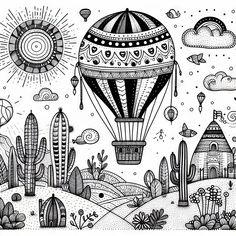 a black and white drawing of a hot air balloon