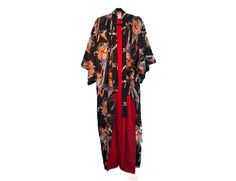 Unisex IchiBan kimono, crafted from 100% silk with a polyester lining. Featuring a striking black and red floral pattern, this kimono is a sophisticated addition to any wardrobe.  Made in Japan Size : Petite (but fits most) Traditional Black Floral Print Kimono, Traditional Black Kimono With Floral Print, Black Silk Kimono For Spring, Traditional Red Silk Kimono, Traditional Red Floral Print Kimono, Traditional Red Floral Kimono, Princeton Nj, Red Floral Pattern, Pajama Robe