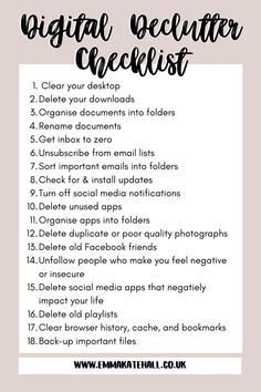 the digital declutter checklist is shown with text overlays that reads,