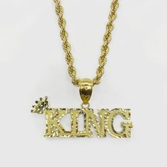 10k Solid Gold King Crown Word Charm Pendant for Men Boy * Metal : Real 10K Yellow Gold * Condition : Brand New * Finish : Polished * Width : X Small (26.3mm) / Small (32.8mm) / Medium (39.4mm) / Large (45.8mm) * Weight : X Small (2.2gram) / Small (3.1gram) / Medium (4.9gram) / Large (6.5gram) This is an approximate size & weight. Please expect up to ±10% difference. * Necklace (optional) : 3.2mm Rope * Processing time : 1~2 business days * Ships from California This is 100% Authentic 10k Gold. Gold King Crown, King Crown, Unique Gifts For Him, Gold Rope Chains, Kings Crown, Crown Design, Girl Friend, Charm Pendant Necklace, Custom Name Necklace