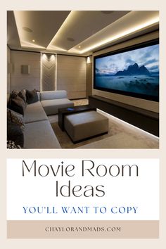 a movie room with couches and a flat screen tv on the wall that says, you'll want to copy