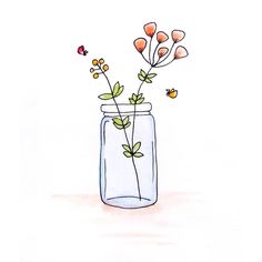 watercolor and ink drawing of flowers in a mason jar