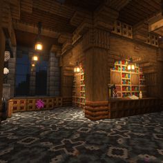 a large room with lots of bookshelves and lights on the ceiling in minecraft