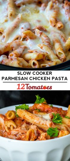 two different types of pasta with sauce and parmesan chicken