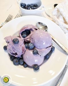 two scoops of ice cream and blueberries on a white plate with silverware