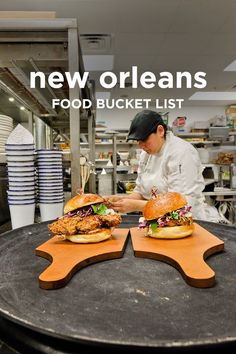 a man in a kitchen preparing food on top of a black table with the words new orleans's food bucket list