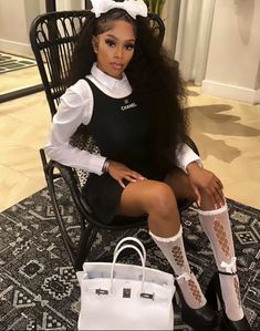 Grey Outfits For Women Black Women, Tokyo Inspired Outfits, Paris Themed Party Outfit, Poster Girl Outfit Black Women, Coquette Outfit Black Woman, Bad And Boujee Outfits, Coquette Doll, Bow Outfit, Basketball Hairstyles