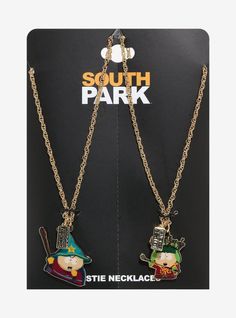 two necklaces with cartoon characters hanging from them on a black background and the words south park