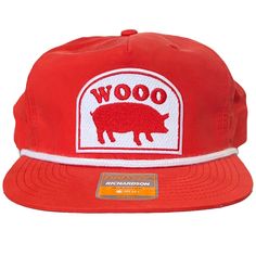 Wooo Pig Patch sewn on a Richardson Brand Umpqua Rope hat. 70/30 cotton/nylon Soft-structured with reinforced flip down mesh support Five-panel, low-profile with braid Flat bill UPF 50+ Snapback closure Golf Hat, Golf Hats, Upf 50, Low Profile, Golf, Mesh, Hats, Red