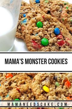 cookies with m & m's and milk on the side, next to a glass of milk