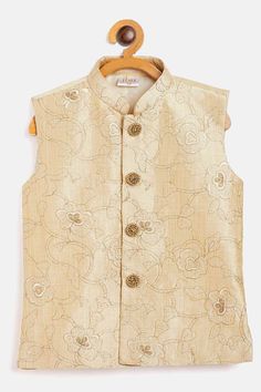 Buy Boys Art Silk Embroidered Nehru Jacket in Beige Mandarin Collar Jacket, Embroidered Buttons, Jacket Store, Festive Wedding, Jacket Fabric, Beige Silk, Nehru Jacket, Beige Jacket, Nehru Jackets