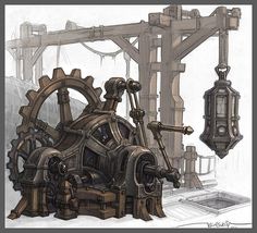 a drawing of an old machine with gears on it's side and another mechanical device in the background