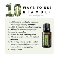 USES
• Add one drop to an adult facial cleanser.
• Add to your favourite cleaning spray.
• Include as part of a soothing massage.
• Combine with Eucalyptus, Bergamot or Lavender essential oils in your dōTERRA diffuser.
DIRECTIONS FOR USE
Diffusion: Use three to four drops in the diffuser of choice.
Topical use: Apply one to two drops to desired area. Dilute with a carrier oil to minimise any skin sensitivity. Why Doterra, Niaouli Essential Oil, Doterra Diffuser, Essential Oil Beauty, Doterra Diffuser Blends, Essential Oil Education, Essential Oil Companies