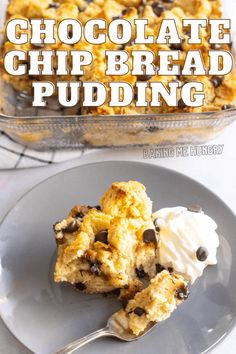 chocolate chip bread pudding on a plate with a spoon