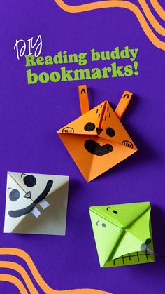 an origami panda reading buddy bookmarks on a purple background with orange and green paper