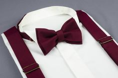 "Perfect for a ring bearer outfit, page boy outfit, 1st birthday outfits, groomsmen, rustic wedding, parties, cake smashes and family photo shoots! The length of the suspenders and bow tie is adjustable. They are made with an extremely stretchable elastic for a comfortable fit. This bow tie sets is available with OTHER COLOR SUSPENDERS. ** [MATERIALS] ** Cotton, Elastic, Leather, Metal ** [BOW TIE SETS SIZE] ** BABY SET (under 2 yrs): * BOW TIE - 3.3\" inches (8.5 cm) pre-tied and made with adju Red Satin Wedding Bow Tie, Party Bow Tie With Red Bow, Red Bow Tie And Suspenders, Adjustable Red Bow With Ties, Elegant Red Bow Tie Adjustable, Burgundy Bow Tie, Mens Bowtie, Gift Box For Men, Bearer Outfit