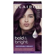 Clairol Bold & Bright Permanent Hair Dye, V3 Intense Passion Plum INTENSE COLOR + MOISTURIZING SHINE. Unstoppable vibrancy! Bold & Bright gives you vivid, vibrant color that stays true. TrueColorSeal Technology locks in color to help protect against water-fading, mazimizing vibrancy. HydraShine Conditioner moisturizes + smoothens hair. Need a boost of color? The Color Boost Glaze amplifies your color anytime you need it! Size: 1 Application. Dark Plum Hair Color, Dark Plum Hair, Plum Hair Color, Cabelo Pin Up, Dark Purple Hair Color, Clairol Hair Color, Clairol Hair, Violet Hair Colors, Hair Color Plum